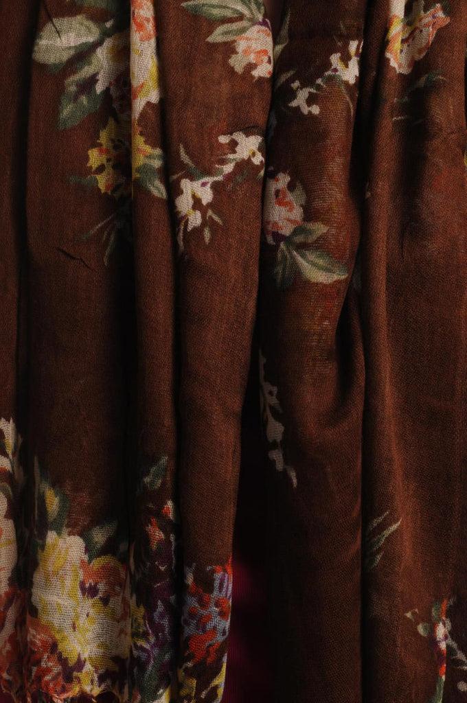 Liss Kiss Vintage Impressionist Flowers With Tassels On Brown - Scarf