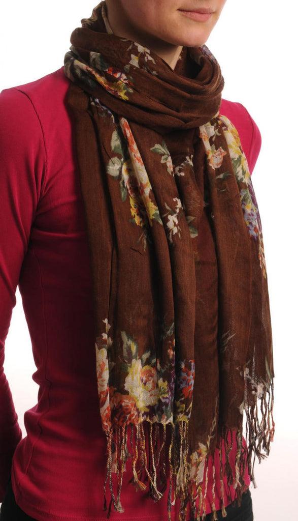 Liss Kiss Vintage Impressionist Flowers With Tassels On Brown - Scarf