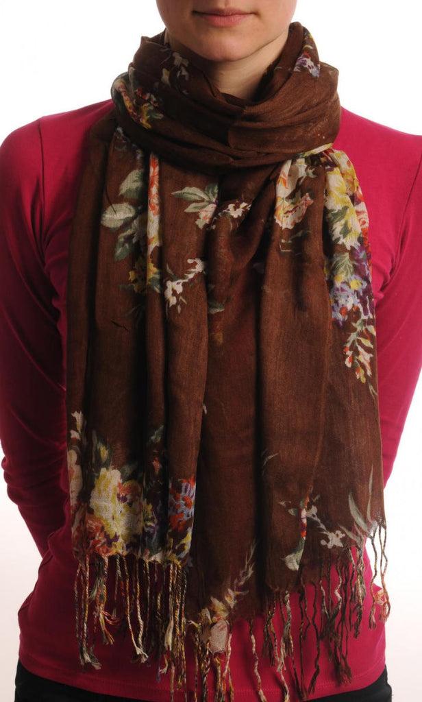 liss kiss Vintage Impressionist Flowers With Tassels On Brown - Scarf