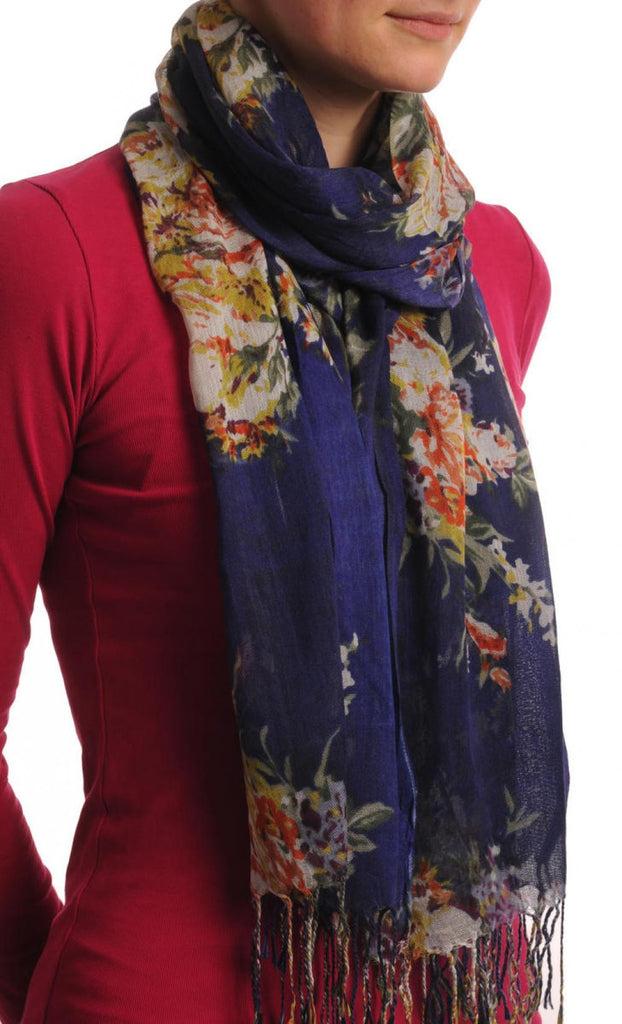 Liss Kiss Vintage Impressionist Flowers With Tassels On Dark Blue - Scarf