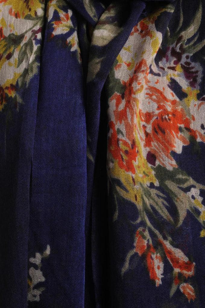 Liss Kiss Vintage Impressionist Flowers With Tassels On Dark Blue - Scarf