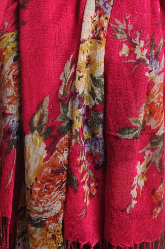 Liss Kiss Vintage Impressionist Flowers With Tassels On Dark Pink - Scarf