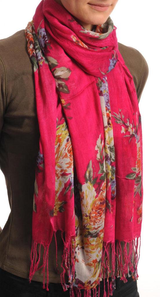 Liss Kiss Vintage Impressionist Flowers With Tassels On Dark Pink - Scarf