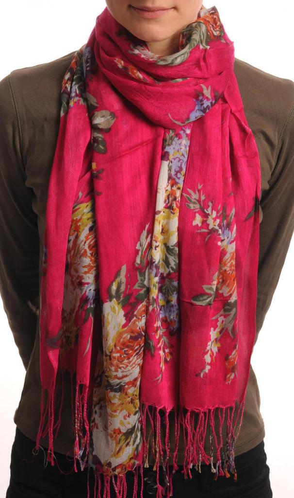 liss kiss Vintage Impressionist Flowers With Tassels On Dark Pink - Scarf