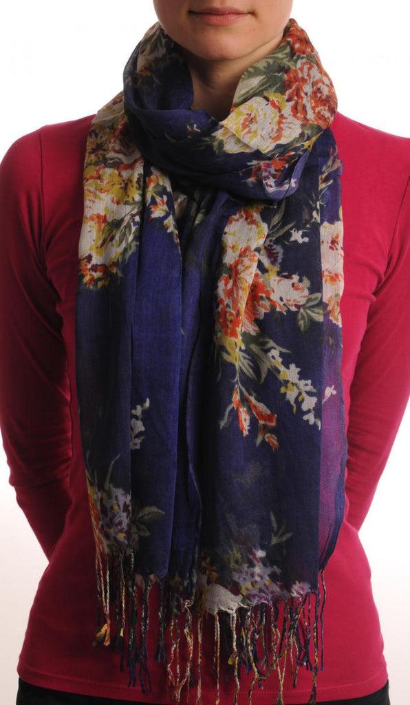 liss kiss Vintage Impressionist Flowers With Tassels On Dark Blue - Scarf