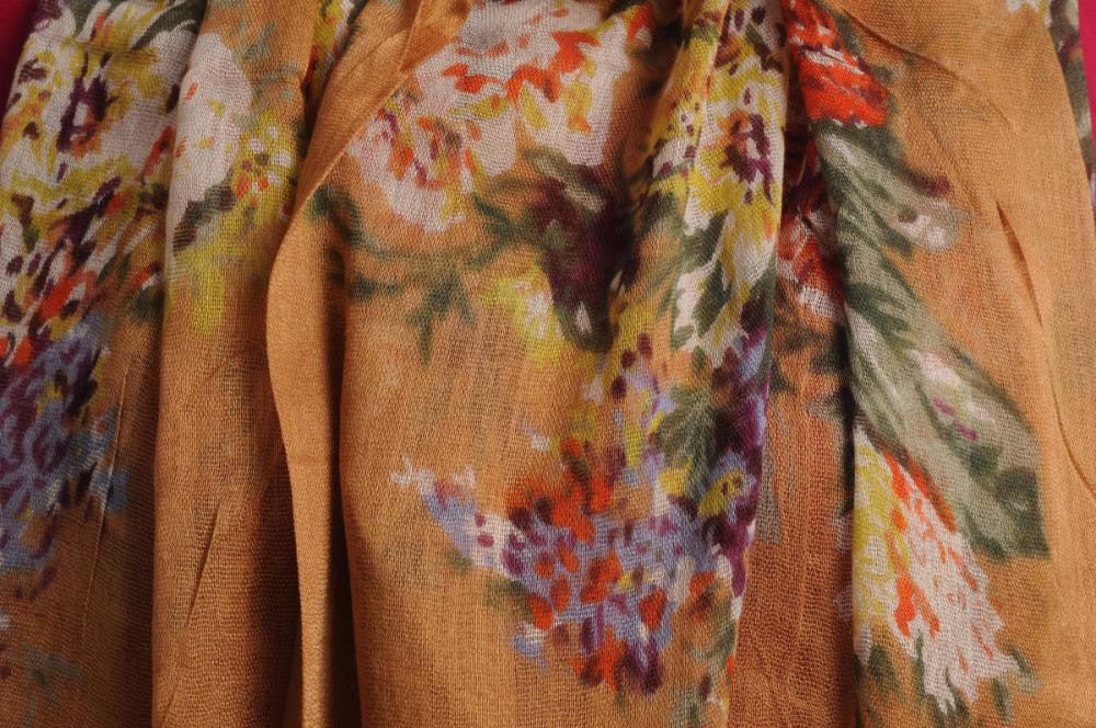 Liss Kiss Vintage Impressionist Flowers With Tassels On Mocha - Scarf