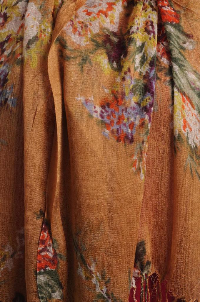 Liss Kiss Vintage Impressionist Flowers With Tassels On Mocha - Scarf