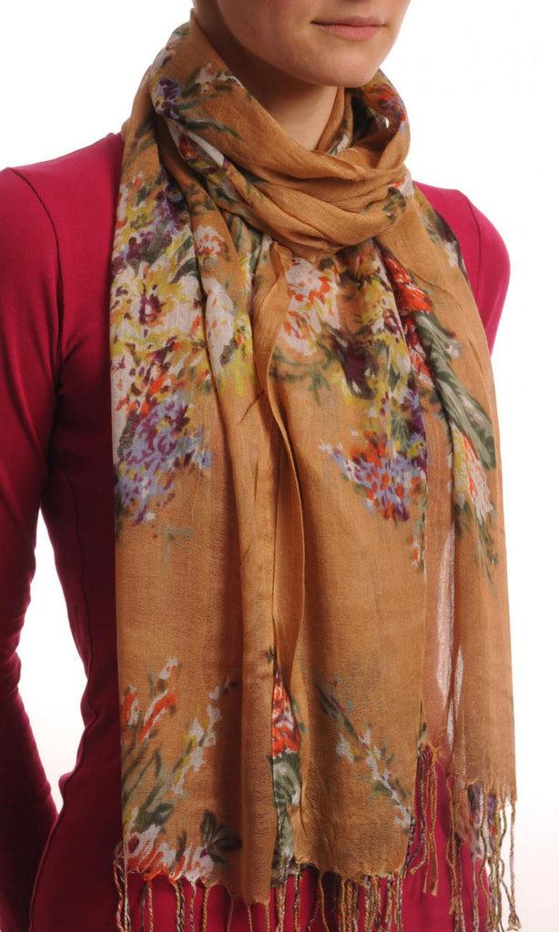 Liss Kiss Vintage Impressionist Flowers With Tassels On Mocha - Scarf
