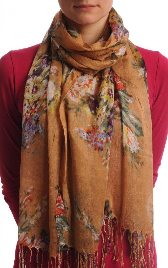 liss kiss Vintage Impressionist Flowers With Tassels On Mocha - Scarf