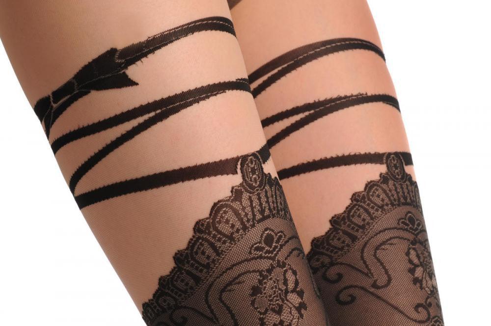 Liss Kiss Vintage Lace Faux Stockings With Ribbon & Bow - Tights