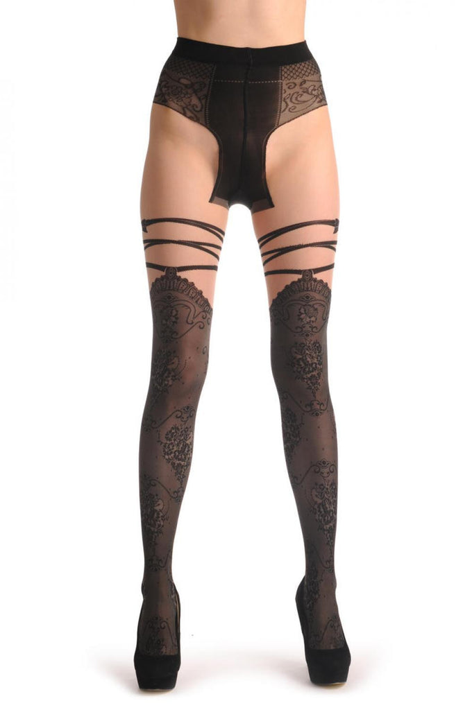 liss kiss Vintage Lace Faux Stockings With Ribbon & Bow - Tights