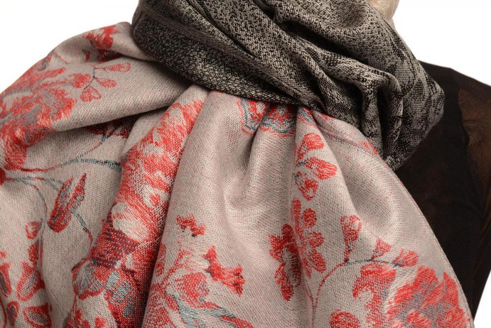 Liss Kiss Vintage Roses On Black Pashmina With Tassels - Scarf