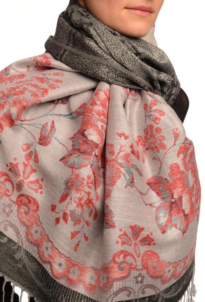 Liss Kiss Vintage Roses On Black Pashmina With Tassels - Scarf