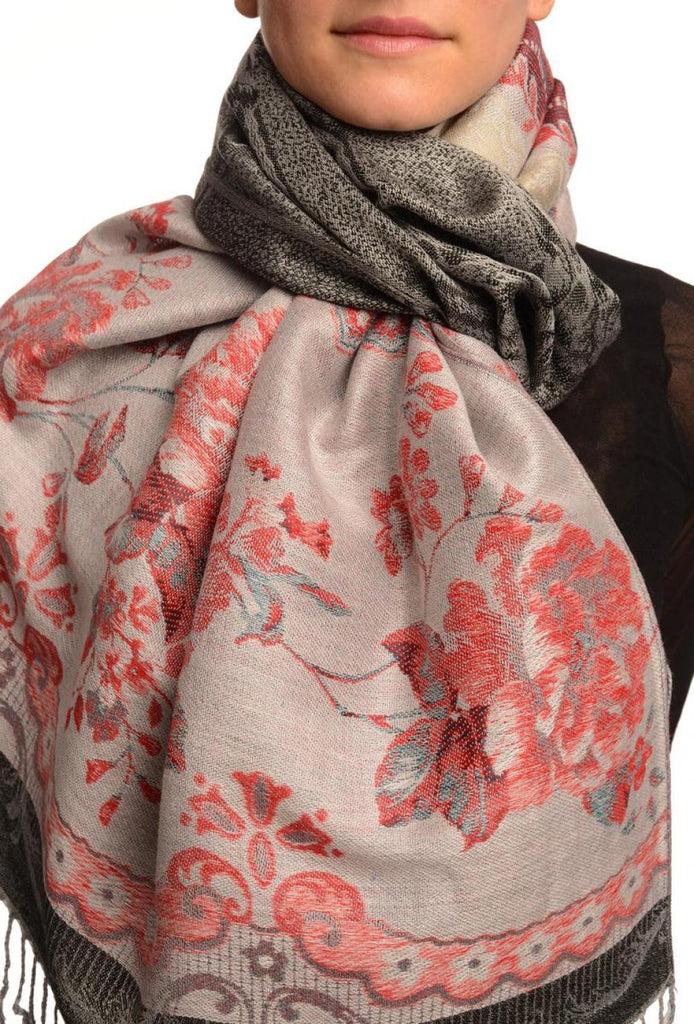 liss kiss Vintage Roses On Black Pashmina With Tassels - Scarf