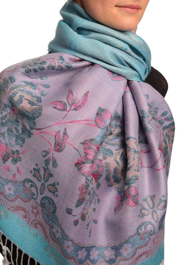 Liss Kiss Vintage Roses On Blue Pashmina With Tassels - Scarf