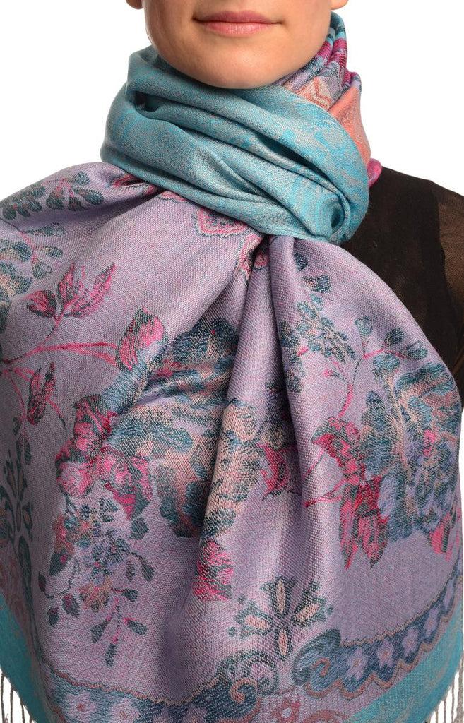 liss kiss Vintage Roses On Blue Pashmina With Tassels - Scarf