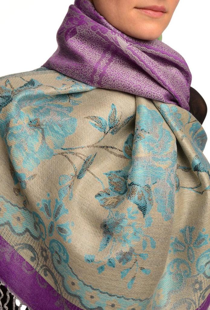 Liss Kiss Vintage Roses On Bright Purple Pashmina With Tassels - Scarf