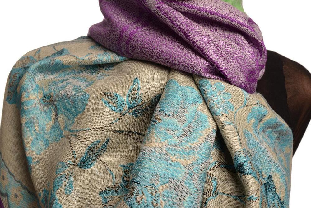 Liss Kiss Vintage Roses On Bright Purple Pashmina With Tassels - Scarf
