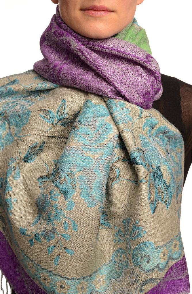 liss kiss Vintage Roses On Bright Purple Pashmina With Tassels - Scarf