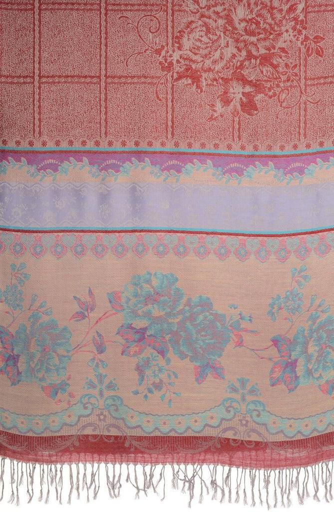 Liss Kiss Vintage Roses On Burgundy Red Pashmina With Tassels - Scarf