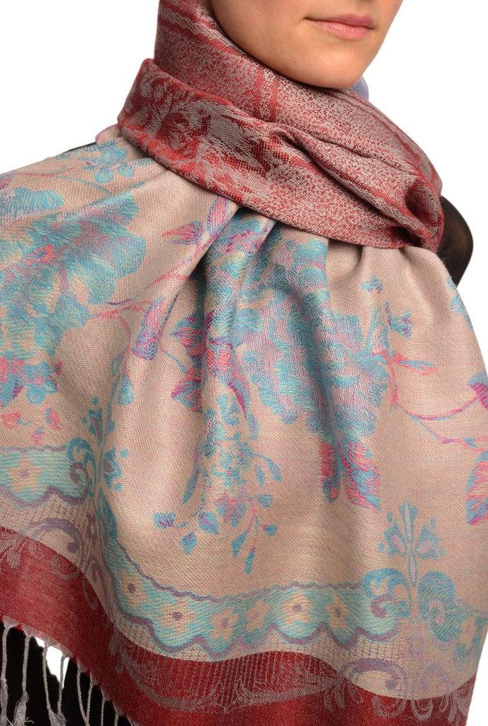 Liss Kiss Vintage Roses On Burgundy Red Pashmina With Tassels - Scarf