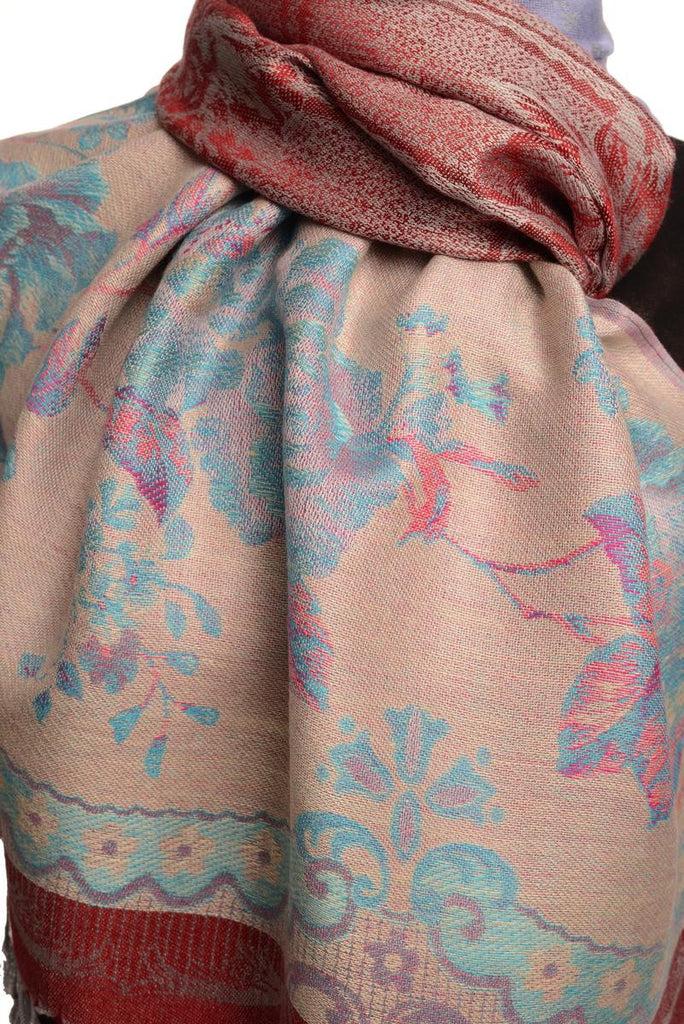 Liss Kiss Vintage Roses On Burgundy Red Pashmina With Tassels - Scarf