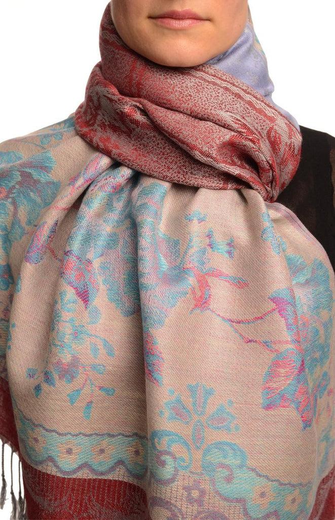 liss kiss Vintage Roses On Burgundy Red Pashmina With Tassels - Scarf