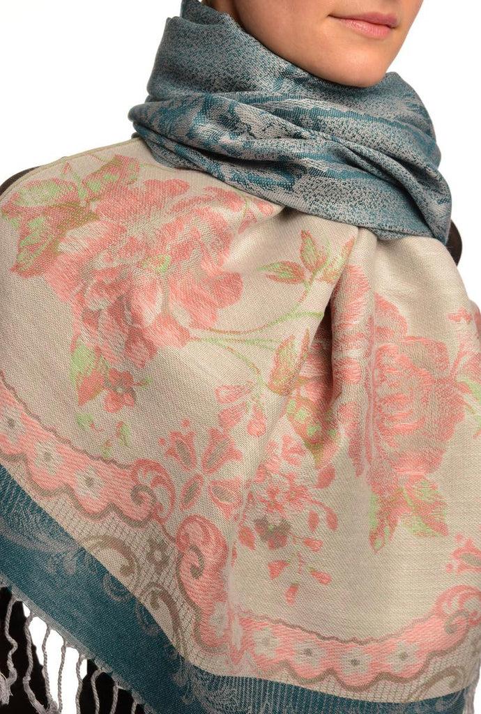Liss Kiss Vintage Roses On Cerulean Blue Pashmina With Tassels - Scarf