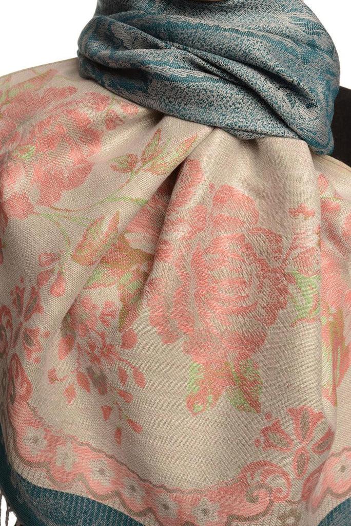 Liss Kiss Vintage Roses On Cerulean Blue Pashmina With Tassels - Scarf