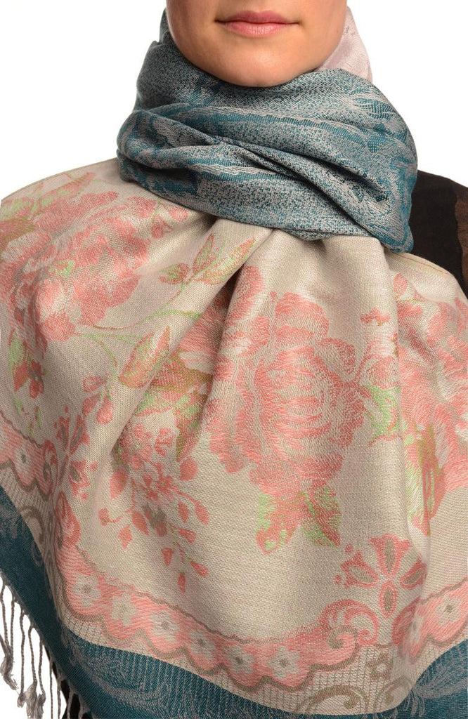 liss kiss Vintage Roses On Cerulean Blue Pashmina With Tassels - Scarf