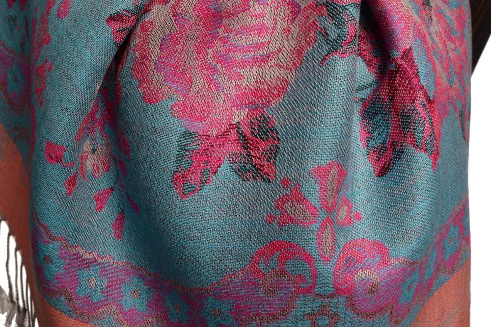 Liss Kiss Vintage Roses On Chestnut Pink Pashmina With Tassels - Scarf