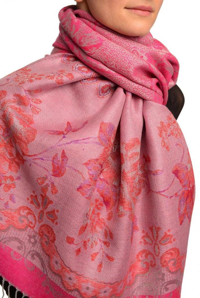 Liss Kiss Vintage Roses On Magenta Pink Pashmina With Tassels - Scarf
