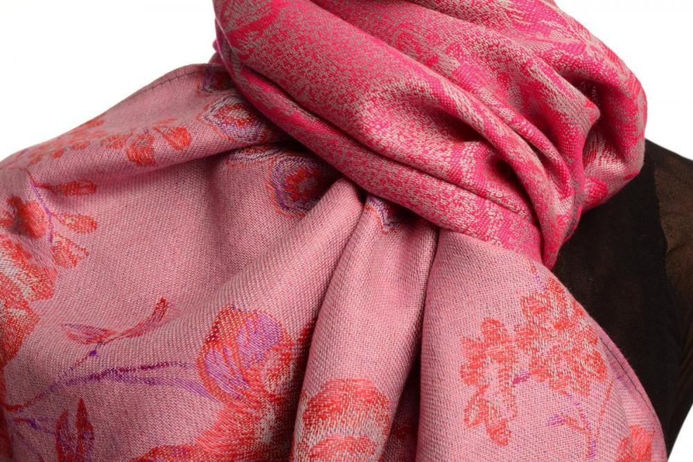 Liss Kiss Vintage Roses On Magenta Pink Pashmina With Tassels - Scarf