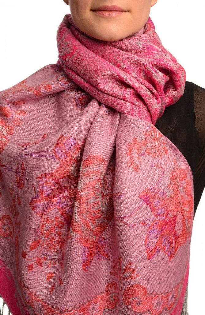 liss kiss Vintage Roses On Magenta Pink Pashmina With Tassels - Scarf