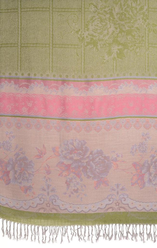 Liss Kiss Vintage Roses On Olive Green Pashmina With Tassels - Scarf