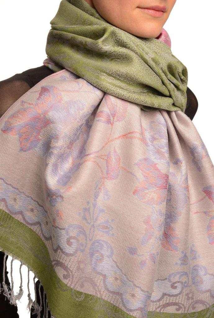 Liss Kiss Vintage Roses On Olive Green Pashmina With Tassels - Scarf