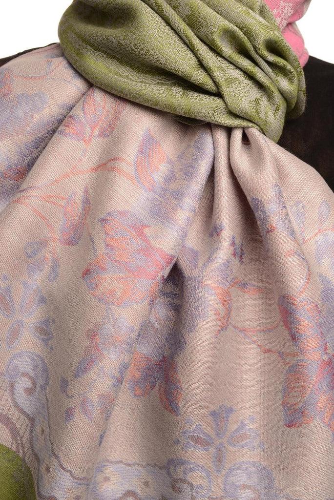 Liss Kiss Vintage Roses On Olive Green Pashmina With Tassels - Scarf