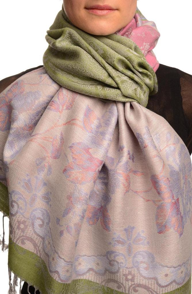 liss kiss Vintage Roses On Olive Green Pashmina With Tassels - Scarf