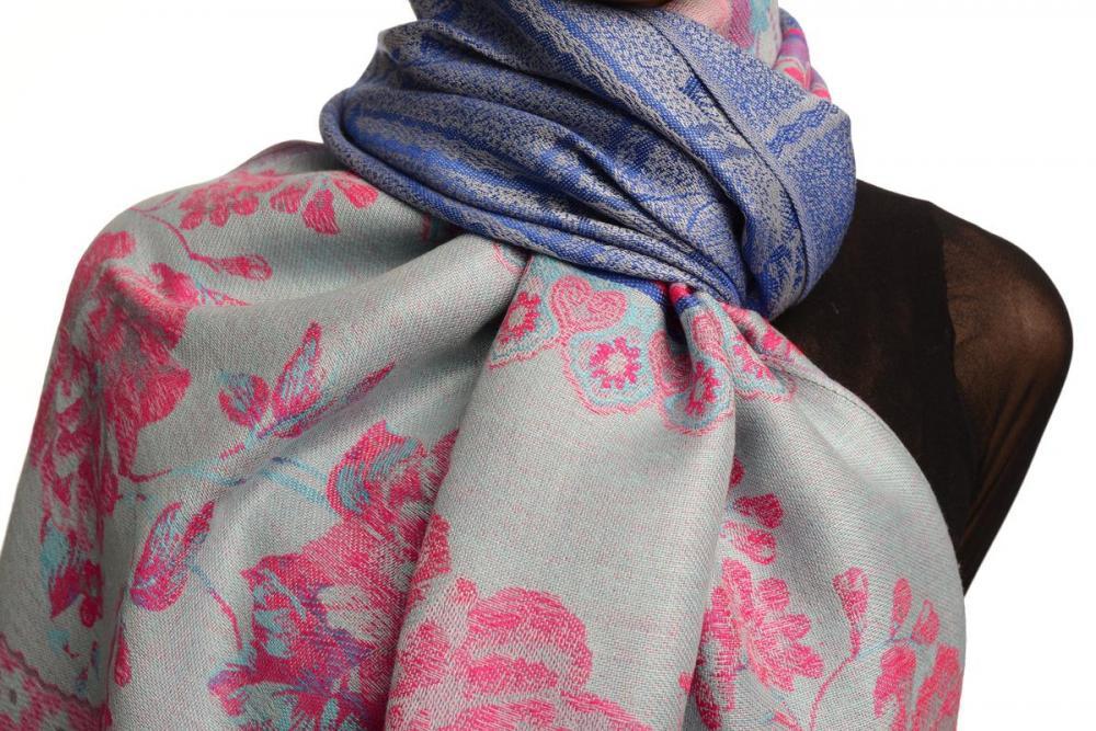 Liss Kiss Vintage Roses On Persian Blue Pashmina With Tassels - Scarf