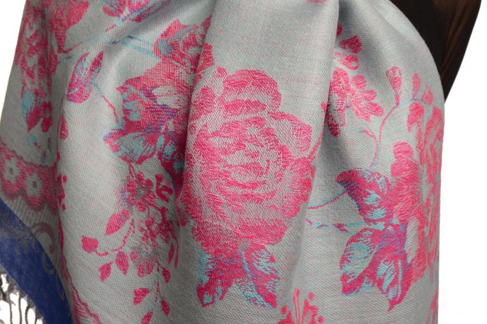 Liss Kiss Vintage Roses On Persian Blue Pashmina With Tassels - Scarf