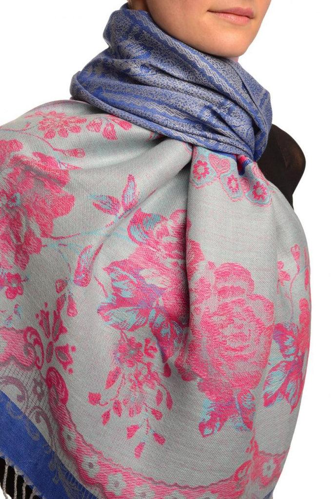 Liss Kiss Vintage Roses On Persian Blue Pashmina With Tassels - Scarf