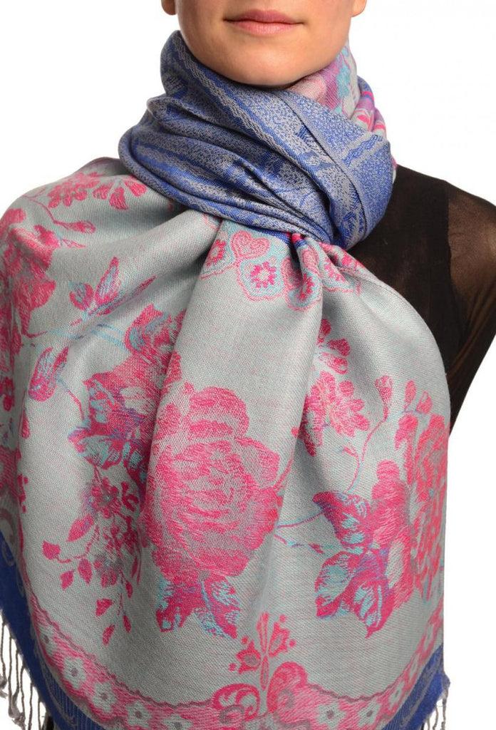 liss kiss Vintage Roses On Persian Blue Pashmina With Tassels - Scarf