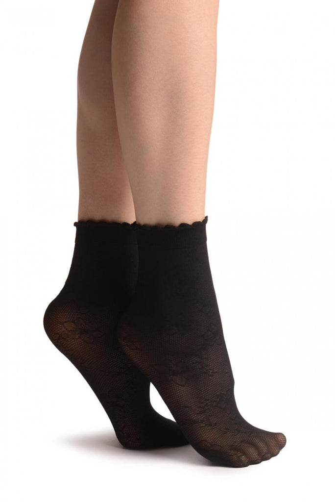 Liss Kiss Viola Flowers On Black Mesh Socks Ankle High - Socks