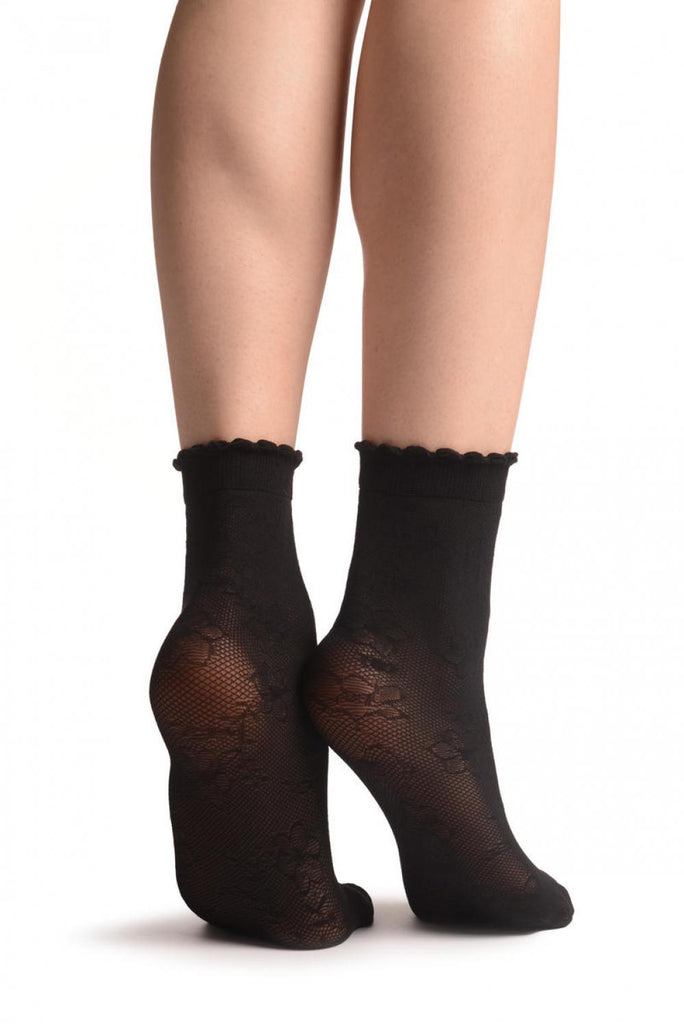 Liss Kiss Viola Flowers On Black Mesh Socks Ankle High - Socks
