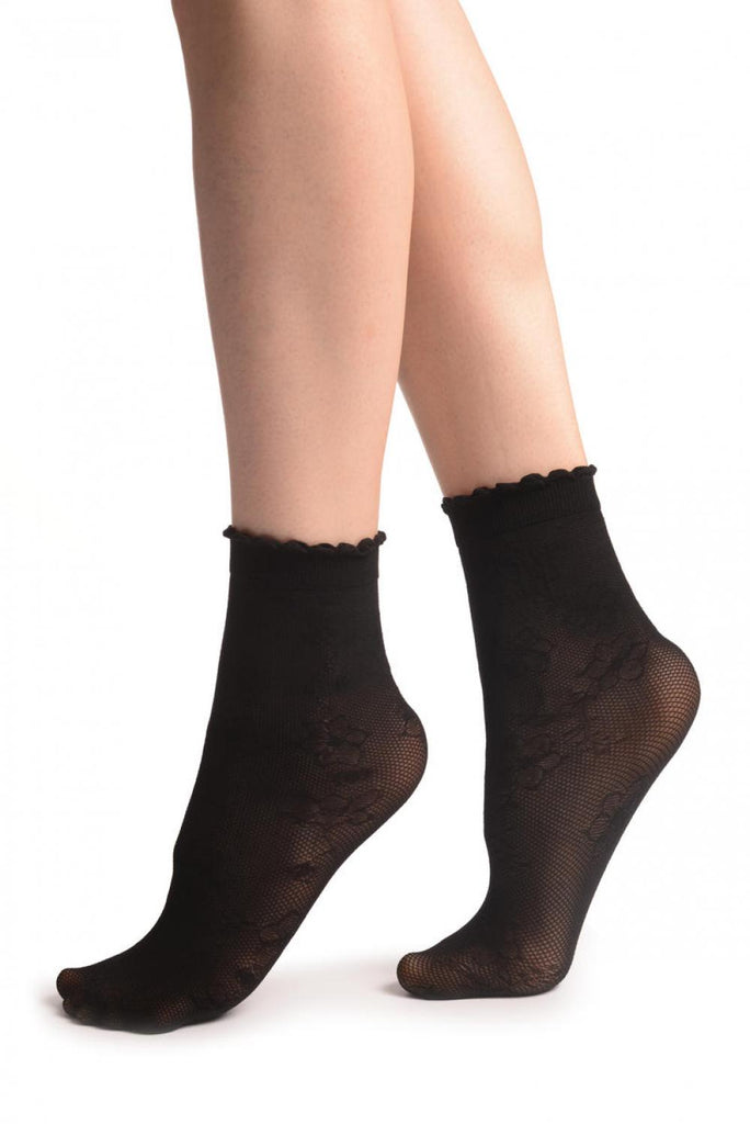 liss kiss Viola Flowers On Black Mesh Socks Ankle High - Socks