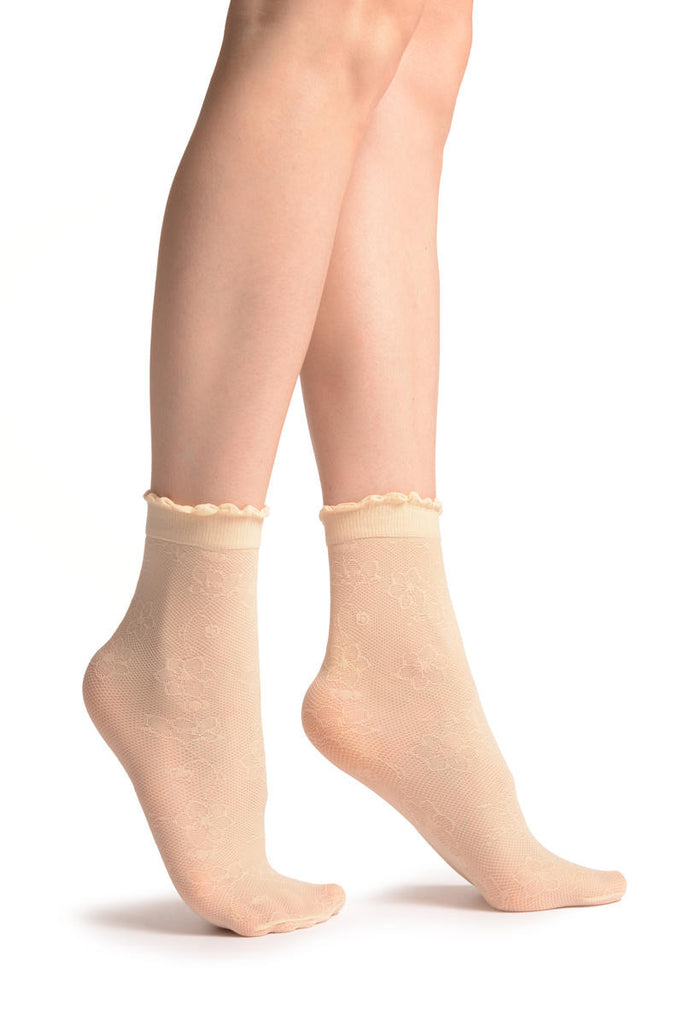 Liss Kiss Viola Flowers On Cream Mesh Socks Ankle High - Socks