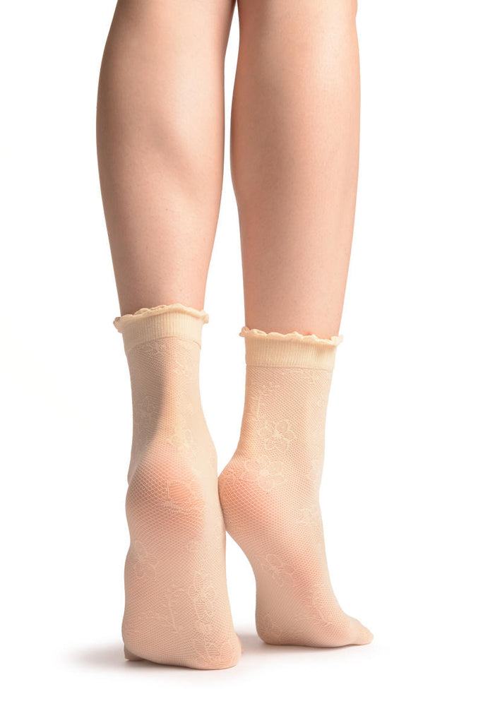 Liss Kiss Viola Flowers On Cream Mesh Socks Ankle High - Socks