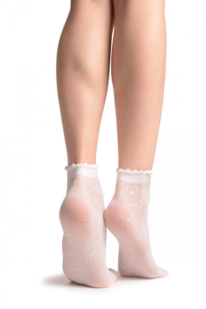 Liss Kiss Viola Flowers On White Mesh Socks Ankle High - Socks