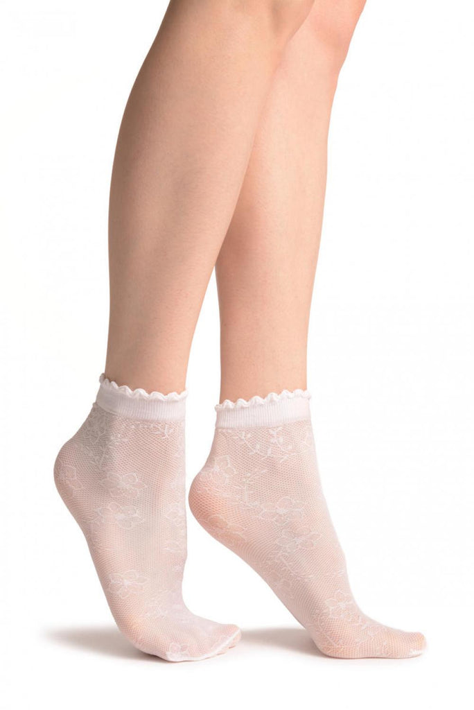 Liss Kiss Viola Flowers On White Mesh Socks Ankle High - Socks