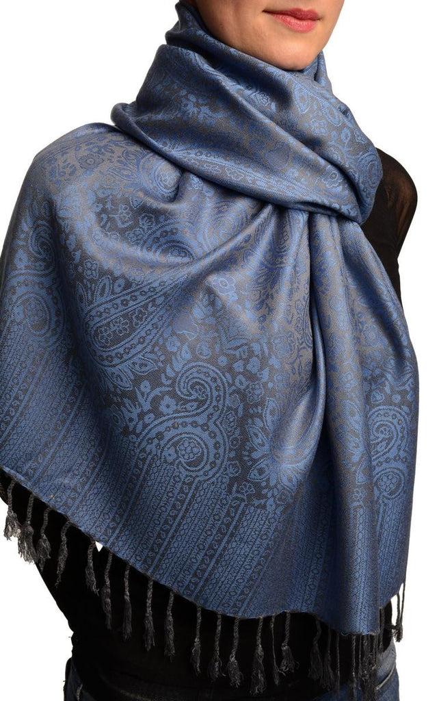 Liss Kiss Violet Blue & Grey Paisleys Pashmina Feel With Tassels - Scarf